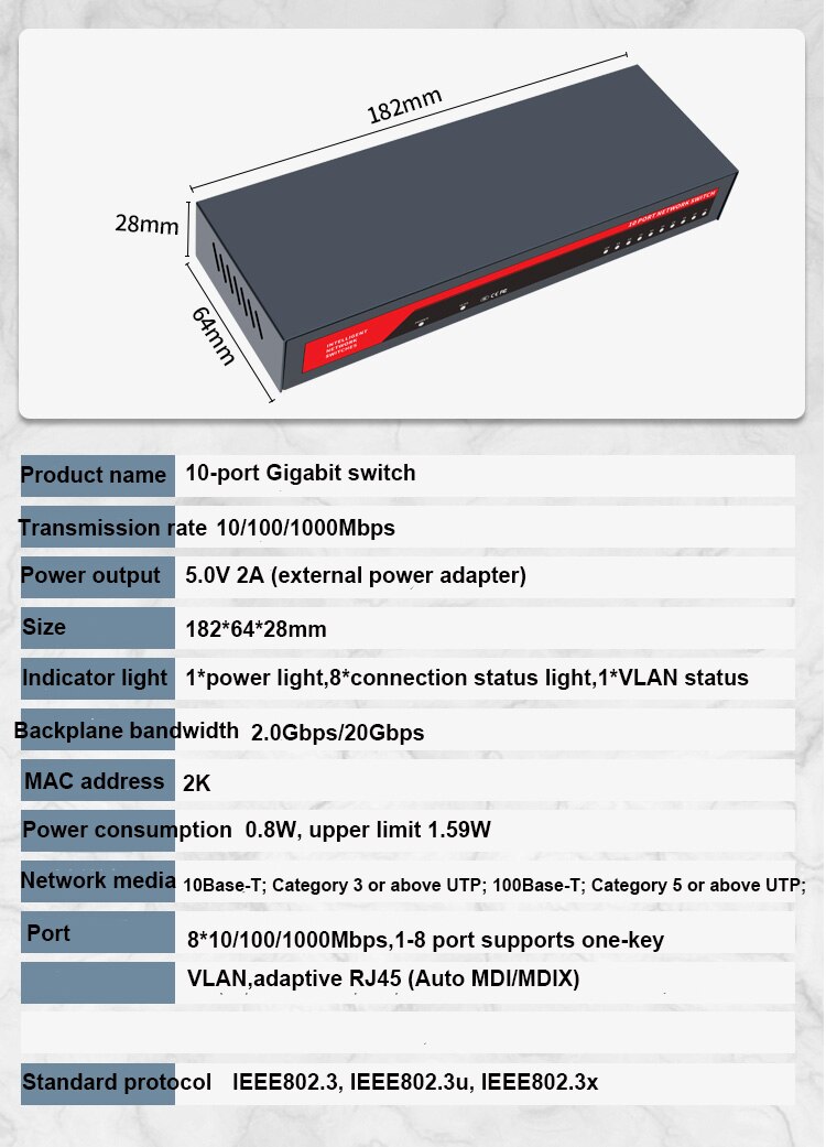 10 Port Switch Gigabit Network 10/100/1000Mbps RJ45 LAN Hub Fast Ethernet Switch Bandwidth 10G Full Duplex IEEE802.3u