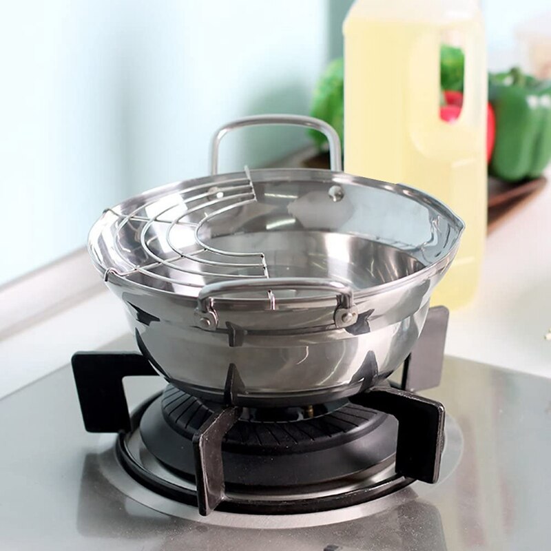Huishoudelijke roestvrijstalen pan, mini-frituurpan in Japanse stijl met thermometer en deksel, multifunctionele kookgerei braadpan, voor inductiekookplaat, elektrisch fornuis, gasfornuis (L 24cm