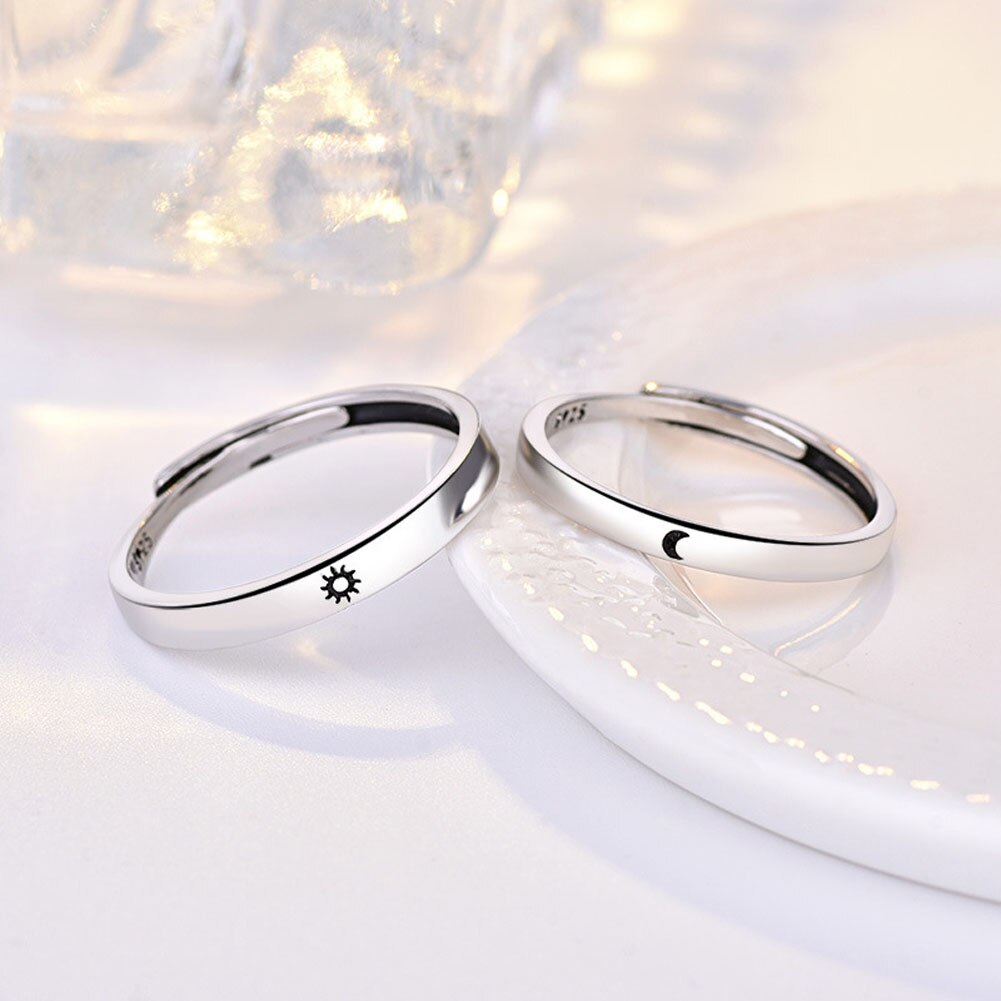 Anillo de plata de primera ley con forma de Luna para hombre y mujer, sortija ajustable, plata esterlina 925, estilo minimalista, para parejas