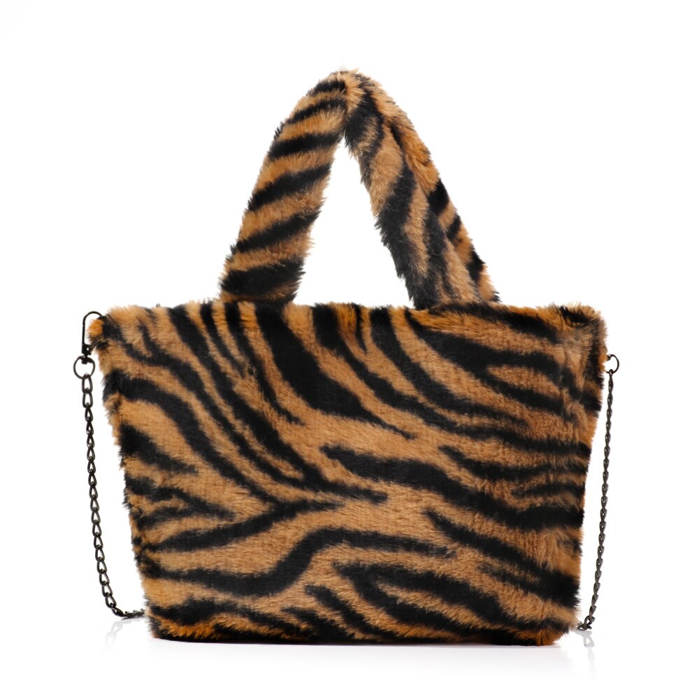 Winter Pluizige Grote Schoudertas Messenger Bag Voor Vrouwen Luipaard Zebra Print Onderarm Zakken Zachte Pluche Warme Bont Zakken met Ketting