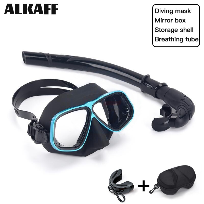 low volume free diving mask Alloy frame scuba diving equipment Snorkel goggles Toughened glass for free dive: Black blue suit