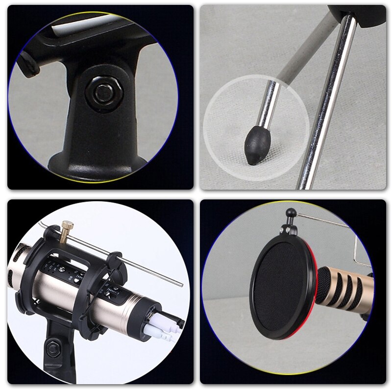 Portable Desktop Microphone Tripod Stand with Shock Mount Anti-Vibration Mic Holder with Round Mask Shield