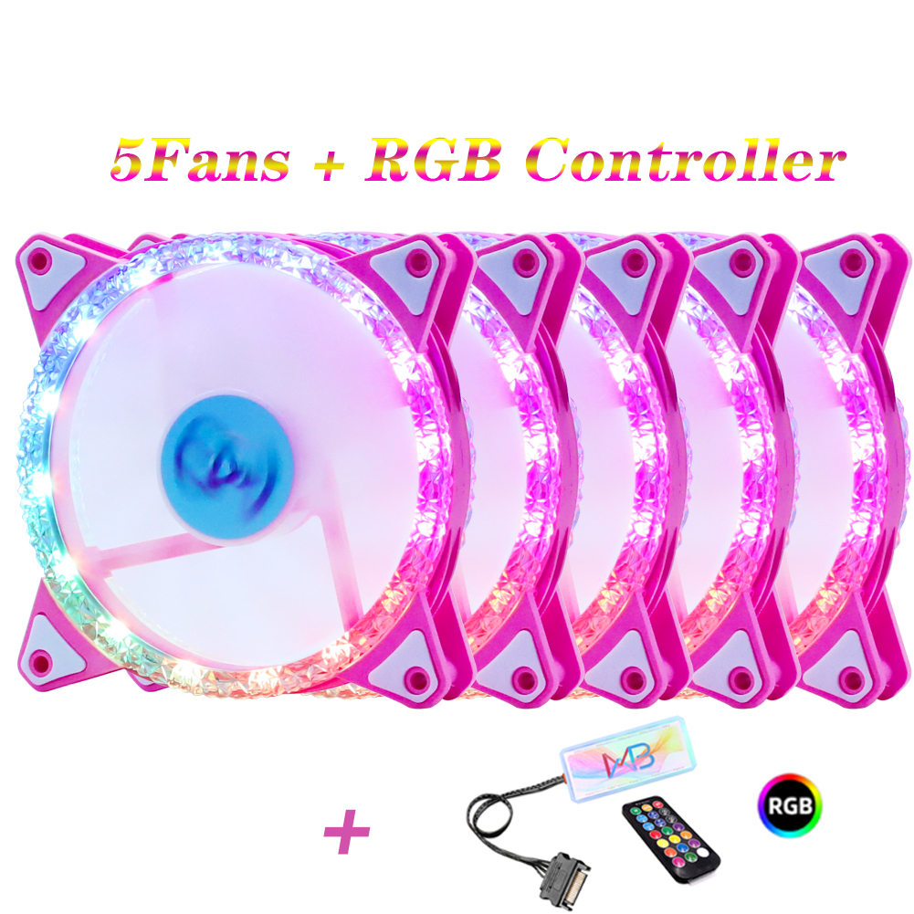 Wovibo-Ventilador silencioso con carcasa LED RGB , Enfriador de CPU de 120mm, Aura Sync, 12V, PWM, 6 pines, Diamante rosa: 5Fans With RGB