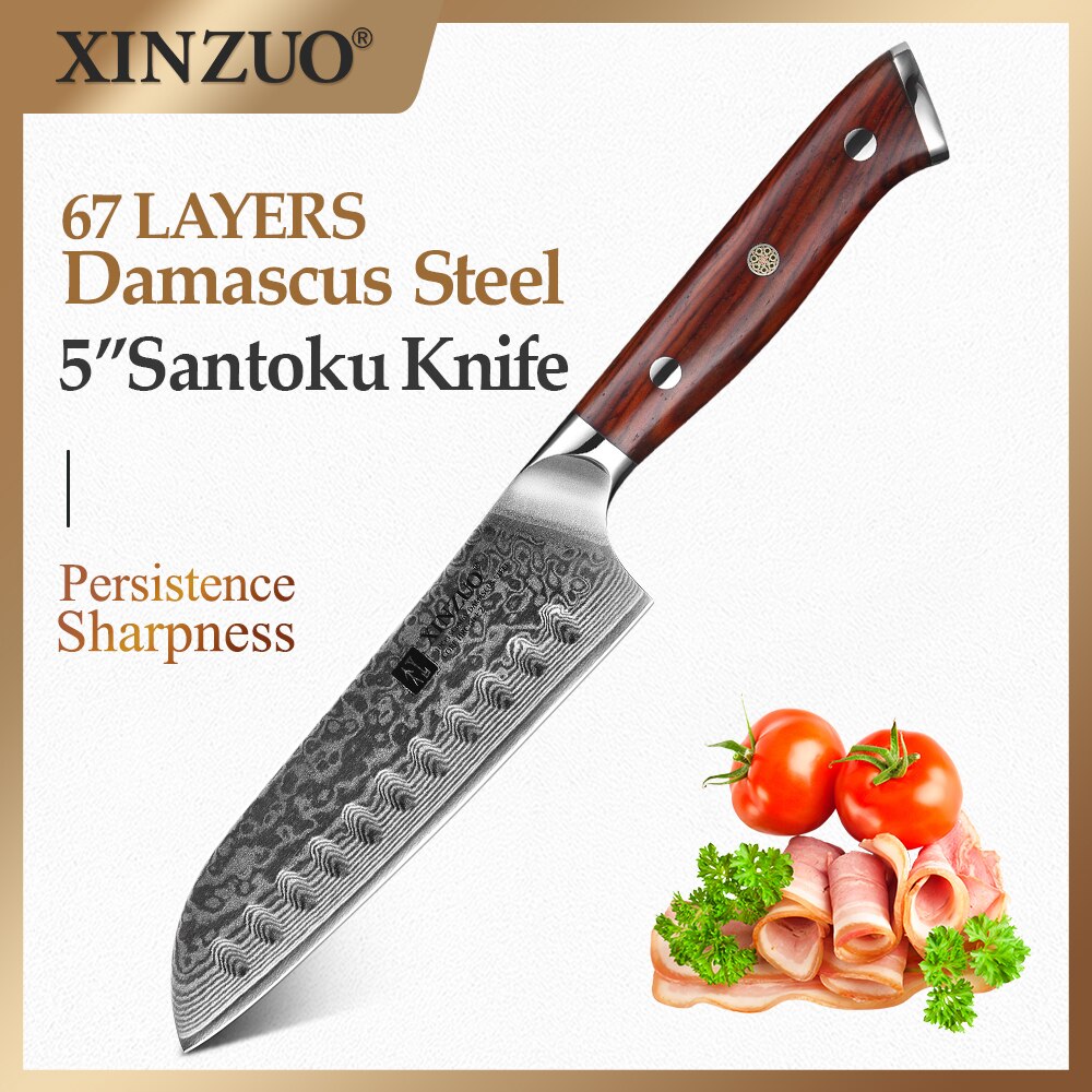 Xinzuo 5 "Inch Santokumes Japanse 67 Layer Damascus Keukenmessen VG10 Staal Chef Kok Mes Gesmeed Staal Pakka houten Handvat