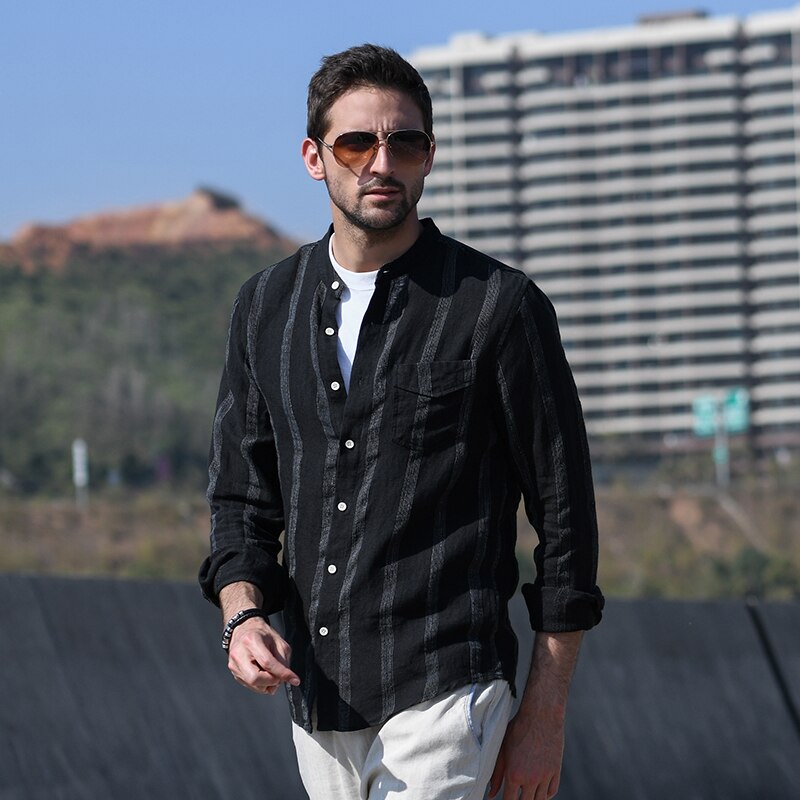 Heren lente zomer japan eenvoudige stijl harajuku opstaande kraag lange mouw effen kleur streep heren linnen casual overhemden