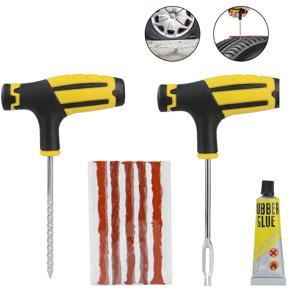 Tyre Repairing Patch Tool Kit Studding Puncture Plug Garage Car Truck Motorcycle Tubeless Wheel Tire Repair Tools: Yellow Full