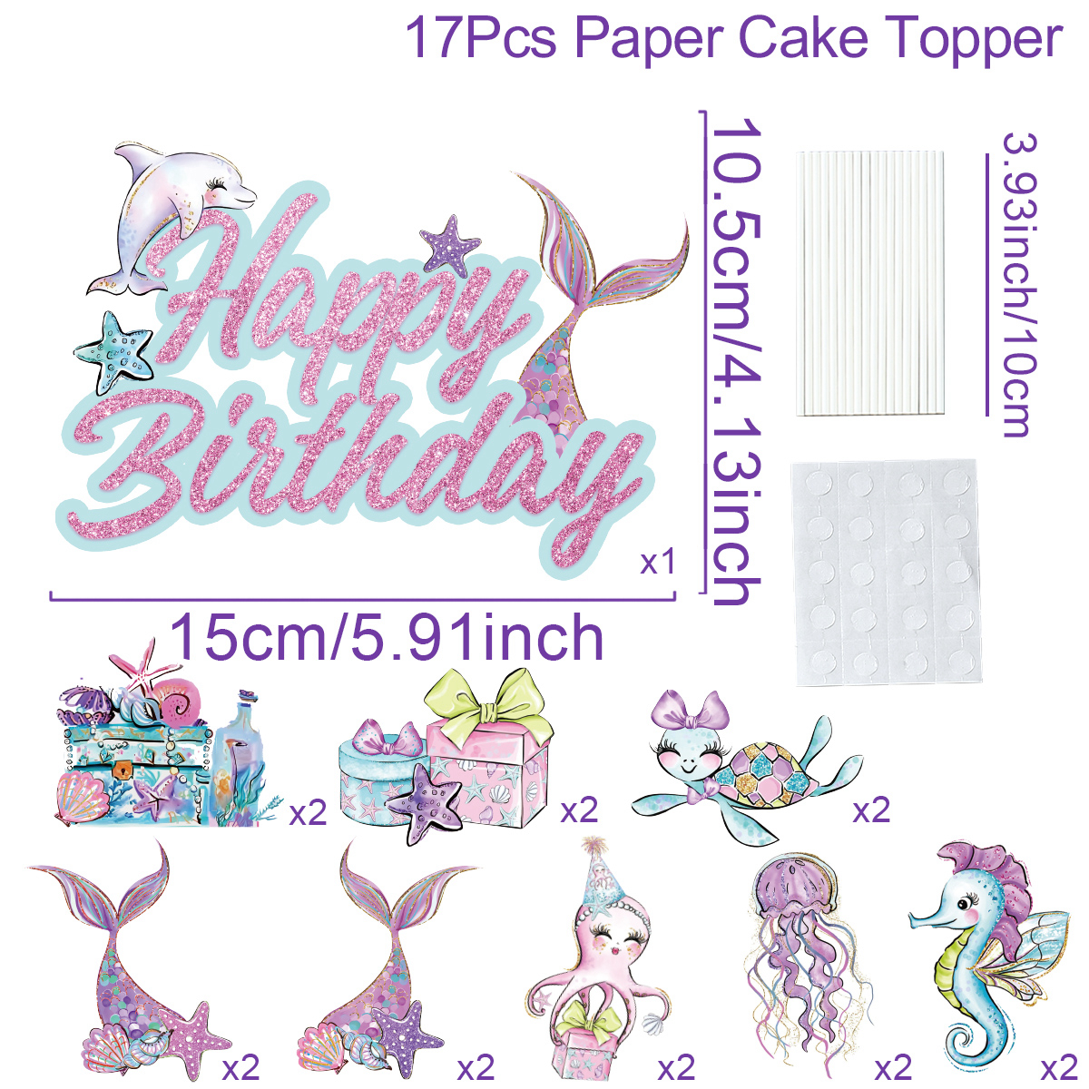 Merenneito-teemainen syntymäpäiväkakun koriste merenneidon pyrstö hyvää syntymäpäivää kakun koriste syntymäpäiväkakkuun vauvakutsujen juhlatarvikkeet: Default Title