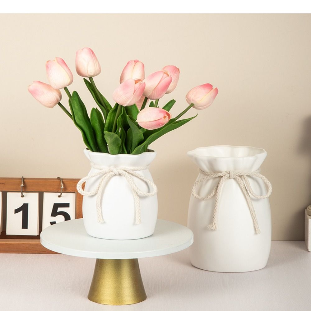 Home White Flower Vase Plastic Bow Plant Bottle Desktop Decor Ornament Garden