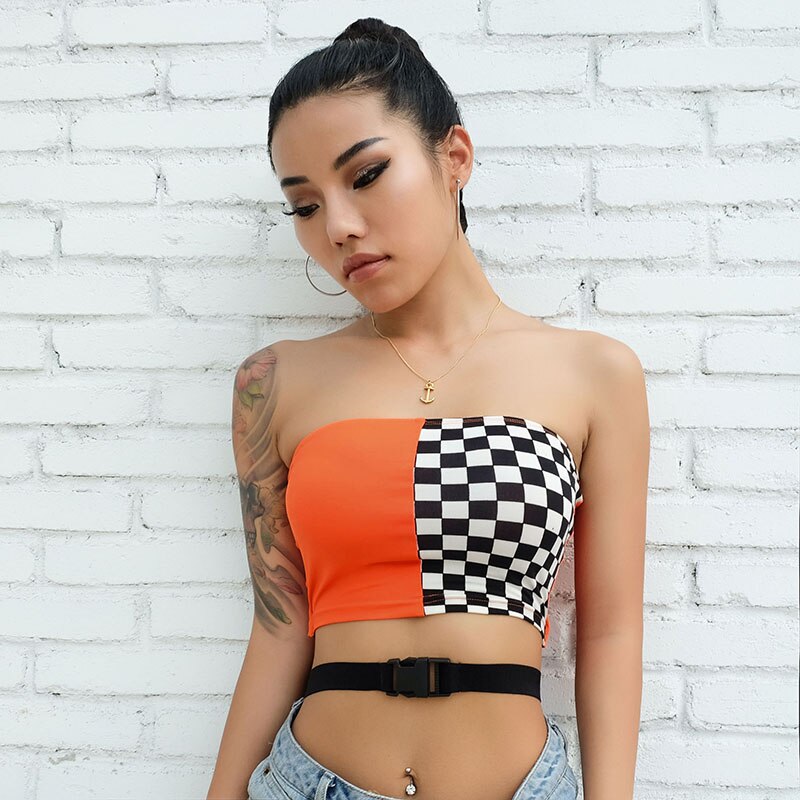 Jazz scene kostyme oransje rutete tube topp skjorter bursdag antrekk for kvinner hip hop street dance klær rave wear dame  dt1429
