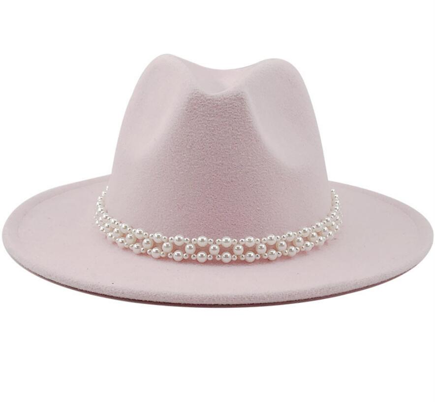 Women Wool Fedora Hat with Imitation Pearl Ribbon Gentleman Lady Winter Autumn Wide Brim Church Girl Jazz Cap: WYH-4957-10