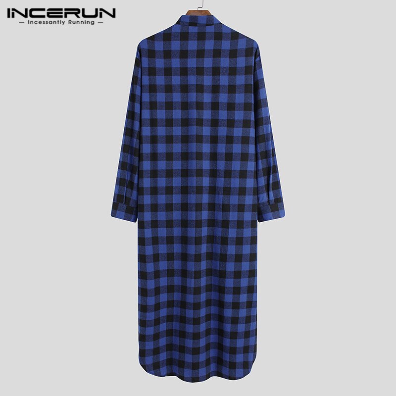 Man Loose Buttons Sleepwear Casual Lattice Homewear INCERUN Men Plaid Sleep Robes Long Sleeve Stand Collar Nightgown 5XL