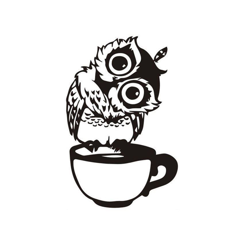 Cartoon Dier Uil Op Mok Muurstickers Koffie Decor Decal Voor Keuken Restaurant Eetkamer Stickers Voor Koffie Bar Thuis decor