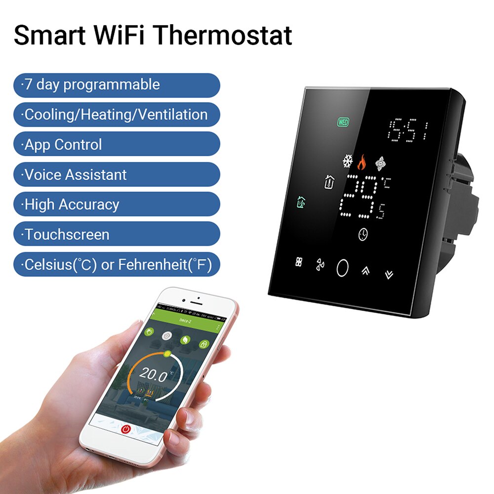 Smart Touchscreen WiFi Programmable Thermostat Temperature Controller 95~240V Voltage Thermostat with App and Voice Control: Wifi Black / 4 Wire