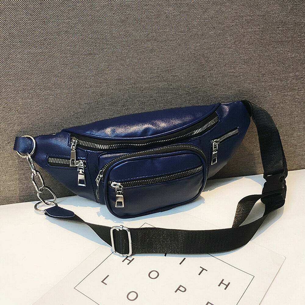 Women's Waist Belt Bag Solid Leather Fanny Pack Shoulder Chest Bag Travel Small Large Capacity Phone Pouch: Dark Blue