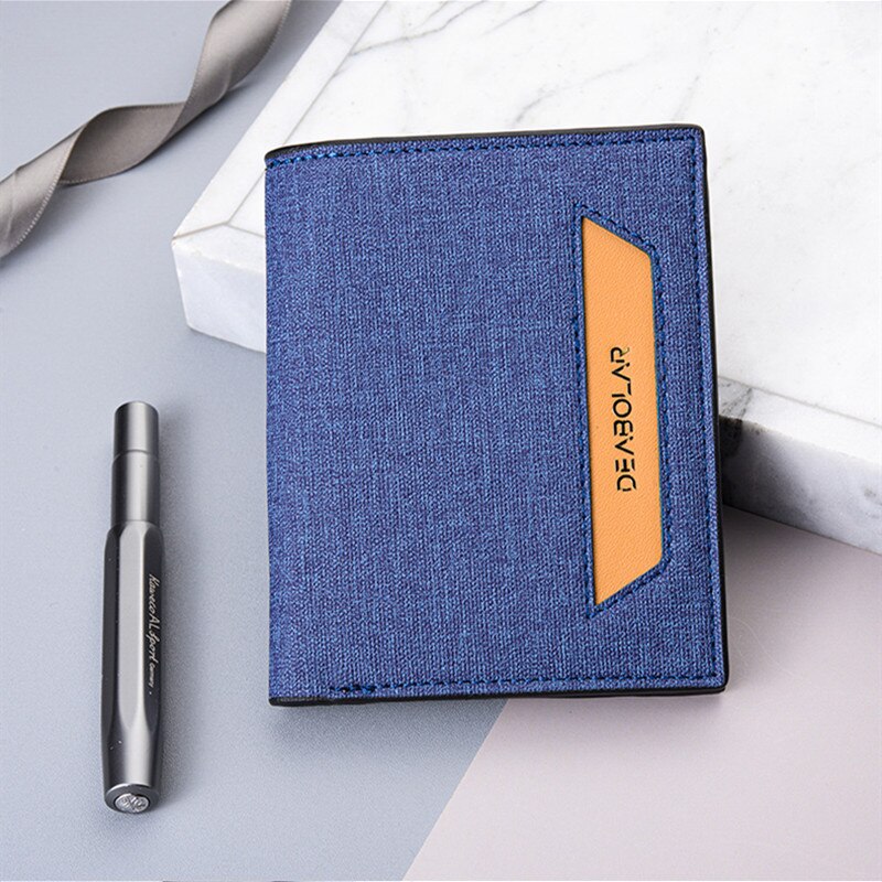 Men&#39;s Wallet Youth Short Vertical PU Male Wallet Stitching Canvas Pattern Wallet Male Card Wallet Bag: BLUE