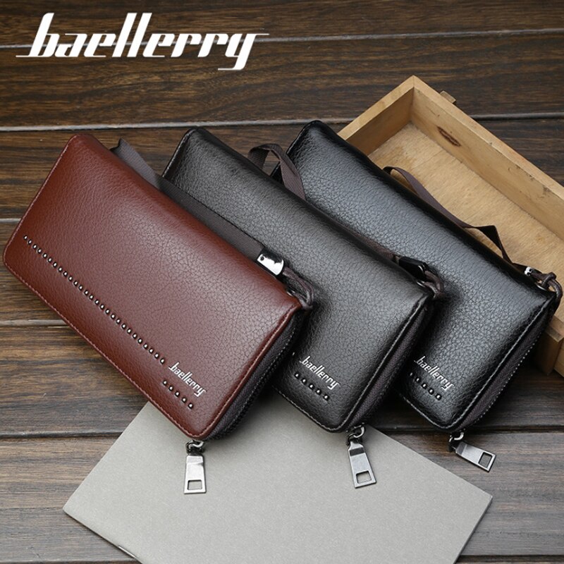 Portefeuille baellerry en cuir synthétique pour homme, grande capacité, avec fermeture éclair et bandoulière
