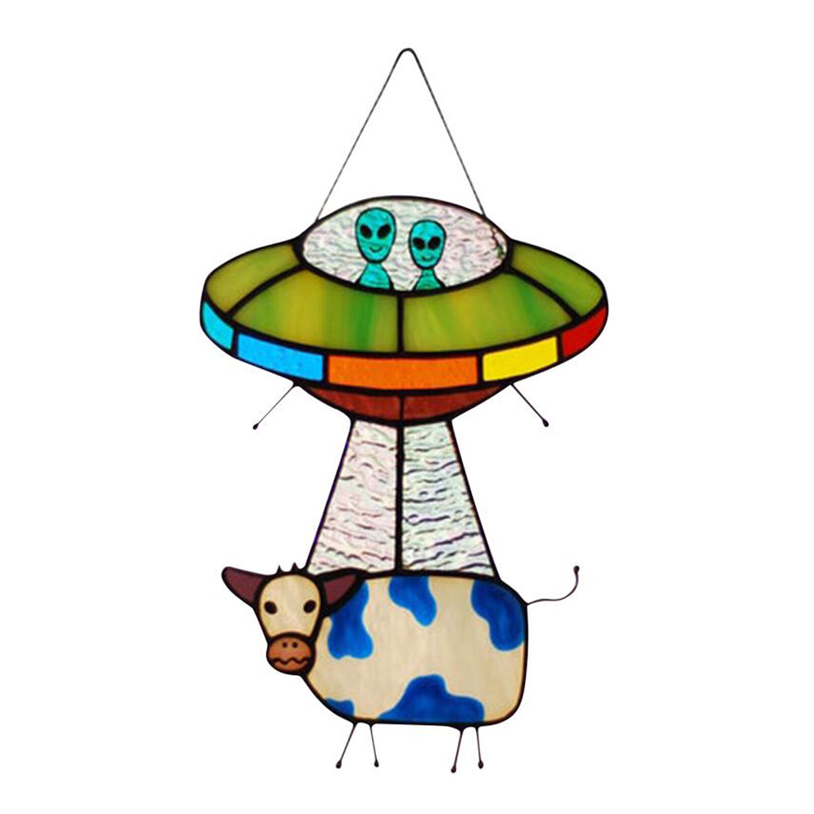 Fun Cow and Aliens Shape Art Stained Glass Hanging Panel with Chain Decoration For Door Window LXY9