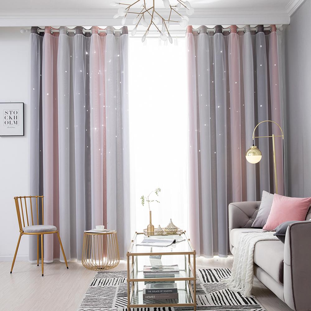 Cortina transparente de estrella hueca para ventana de Color arcoíris para niña, cortinas opacas de ventana de dormitorio, decoración del hogar: Grey