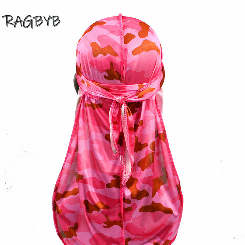 Nuevas pañuelos Durag de seda con estampado de camuflaje para hombres, Durags sedosos, gorro ondulado de cola larga, pañuelo para la cabeza, sombrero para mujer, diadema Durag: Rosa