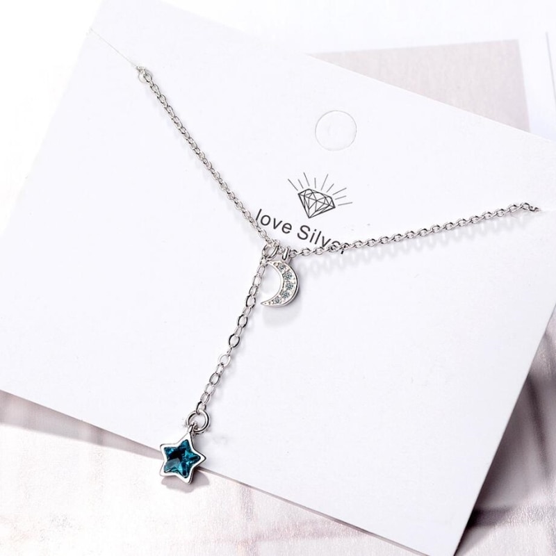 Blue Stars Moon Simple Sweet Fresh 925 Sterling Silver Clavicle Chain Literary Temperament Female Necklace SNE358