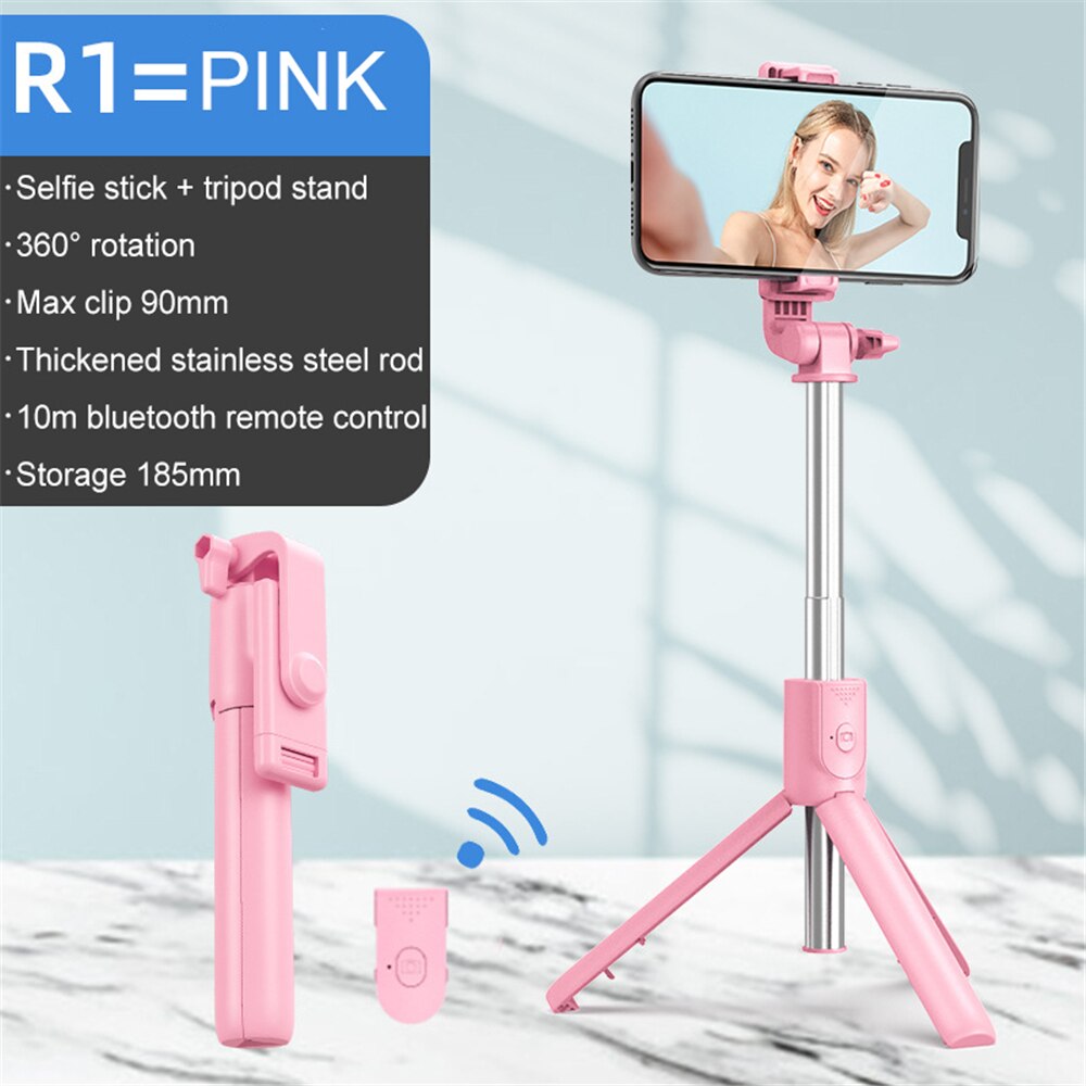 Tragbarer, kabelloser bluetooth-selfie-stick mit ausziehbarem und faltbarem stativ für ios, android und iphone.: Rosa ohne fülllicht