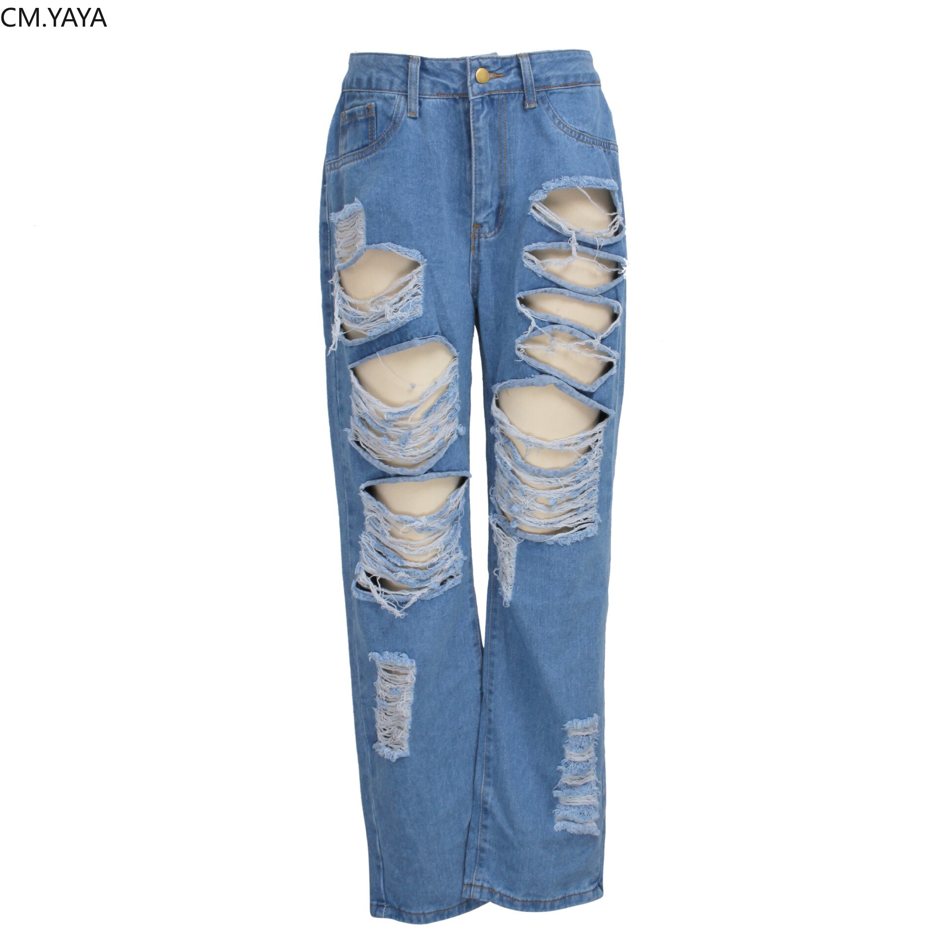 CM.YAYA-pantalon Denim ajouré pour femme, rétro délavé, pantalon Sexy déchiré, Skinny, taille haute, pour femmes