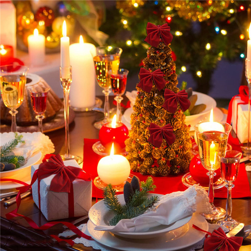 ABUN-16 Red Bow Napkin Holder Rings, Velvet Bow Xmas Napkin Holder Buckle Table Decoration For Christmas Party Dinner