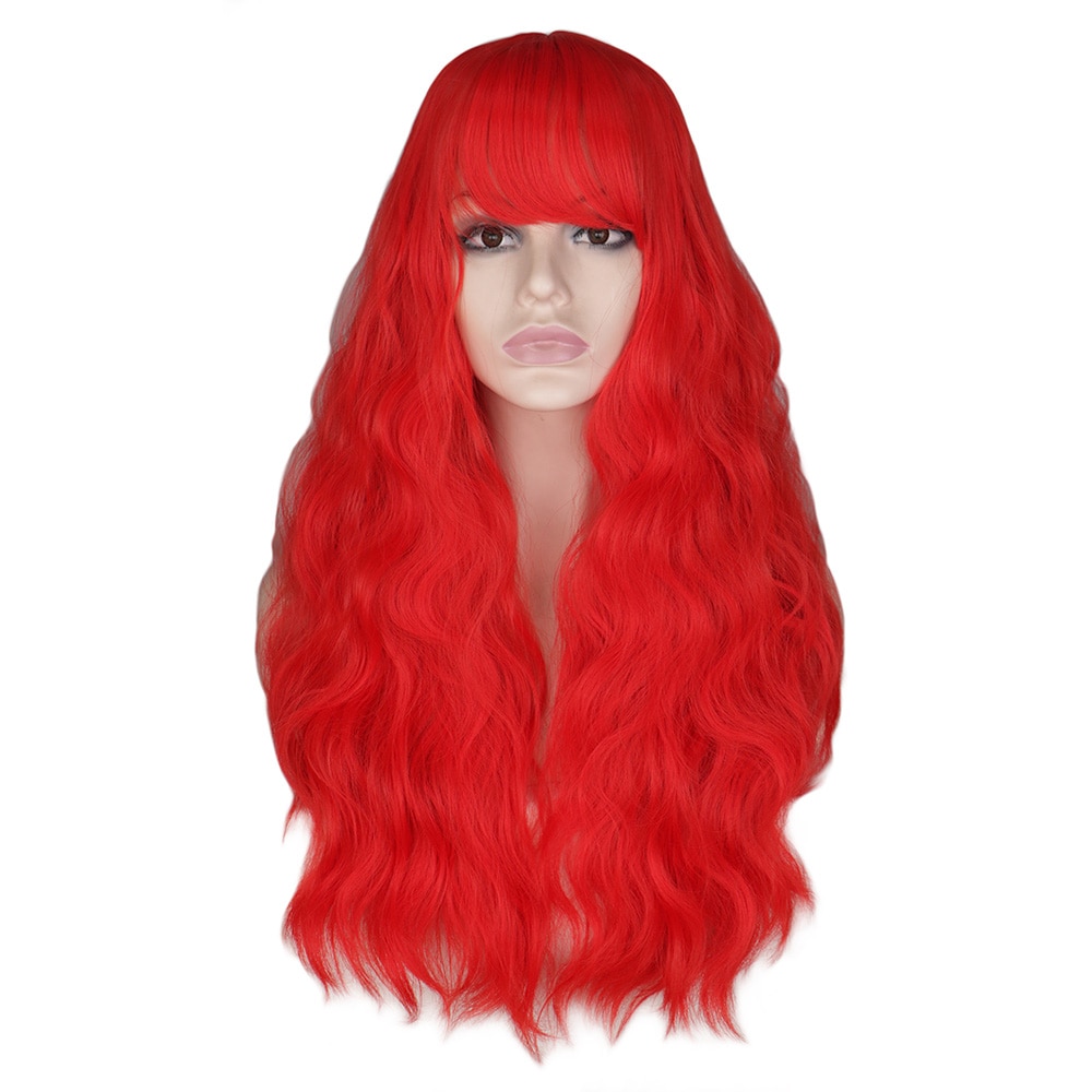 Qqxcayw parrucche sintetiche lunghe ricci verdi rosa rosse con frangia parrucca per capelli resistente al calore setosa naturale da donna: rosso