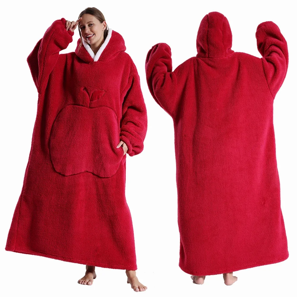 Nuevas mantas extra largas para usar, manta con capucha de franela de invierno con mangas completas, manta suave y acogedora para hombres y mujeres, manta cálida para TV para adultos: Rojo
