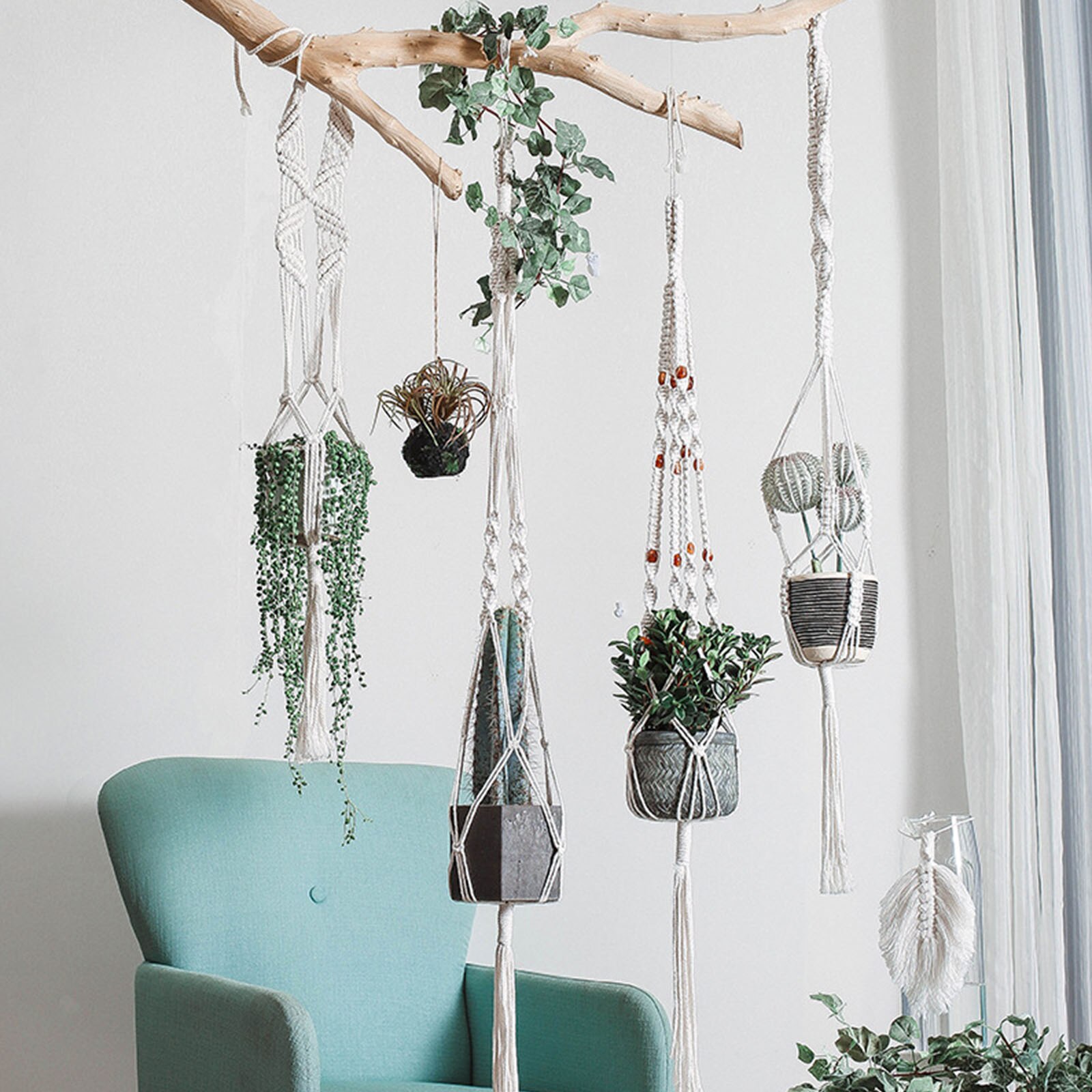 1Piece Nordic Wind Woven Wall Hanging Pot Hanging Net Garden Decoration Gardening Potted Landscape Made Of Cotton And Sticks