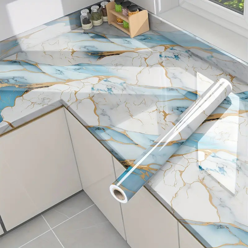 Marmeren patroonbehang voor keuken eetkamer waterdicht en oliebestendig huisdecoratie achtergrondstickers behang: HEUBLAUW / 16.5 ㎡