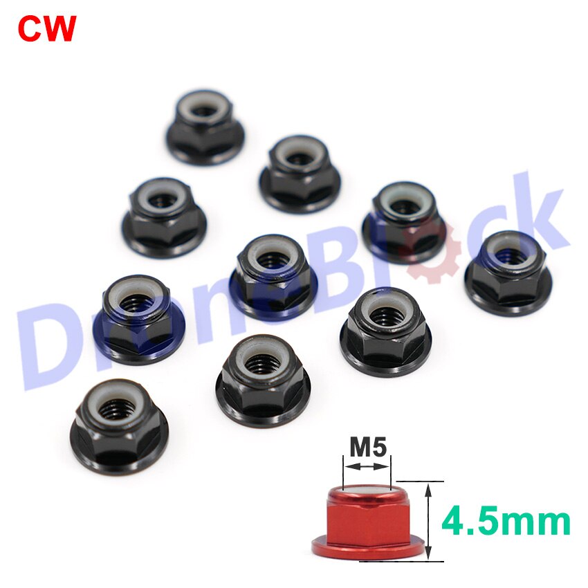 10 stk  m5 aluminiumsflens nylonmutter lavprofil cw ccw anti-løs innsatslås til 2204 2205 2206 børsteløs motor rc qav 250 210: 4.5mm høyde cw  x10