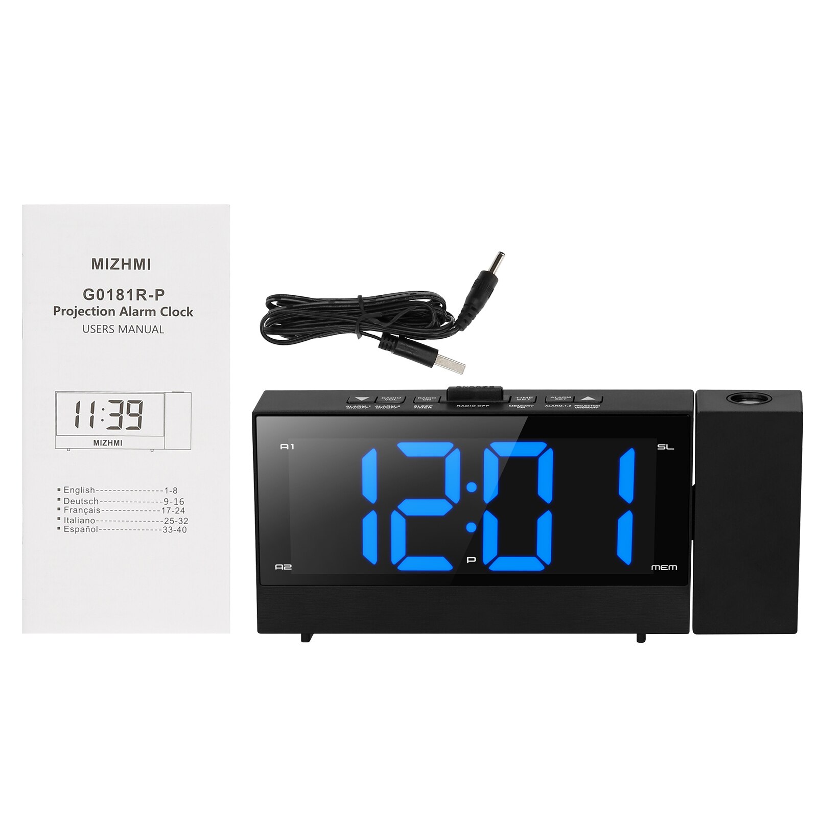 Kkmoon 6.4Inch Digitale Projectie Wekker 180 Graden Draaibare Projector Klok Met Dual Alarm Snooze Fm Radio Telefoon Oplader