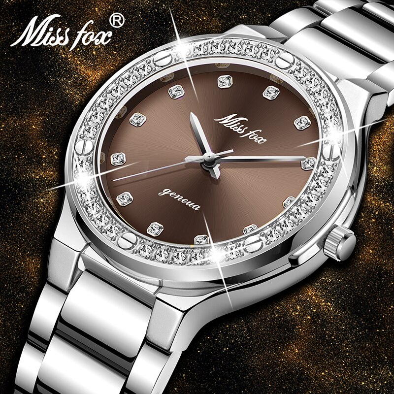Missfox dameshorloge, beroemd merk luxe zakelijke zilveren polshorloges, waterdichte stalen armband, klok voor geliefden