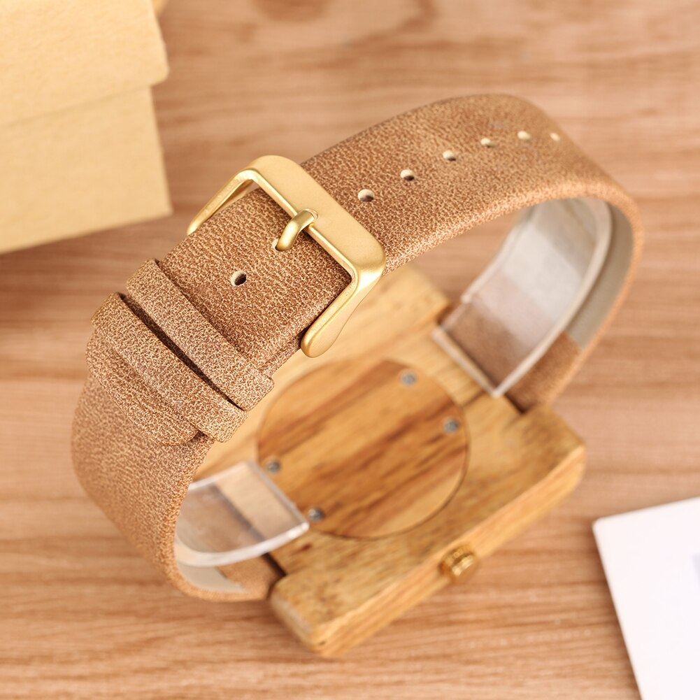 Houten horloges eenvoudig lichtgewicht bamboe polshorloge met bruine leren band vierkante wijzerplaat quartz uurwerk voor mannen vrouwen