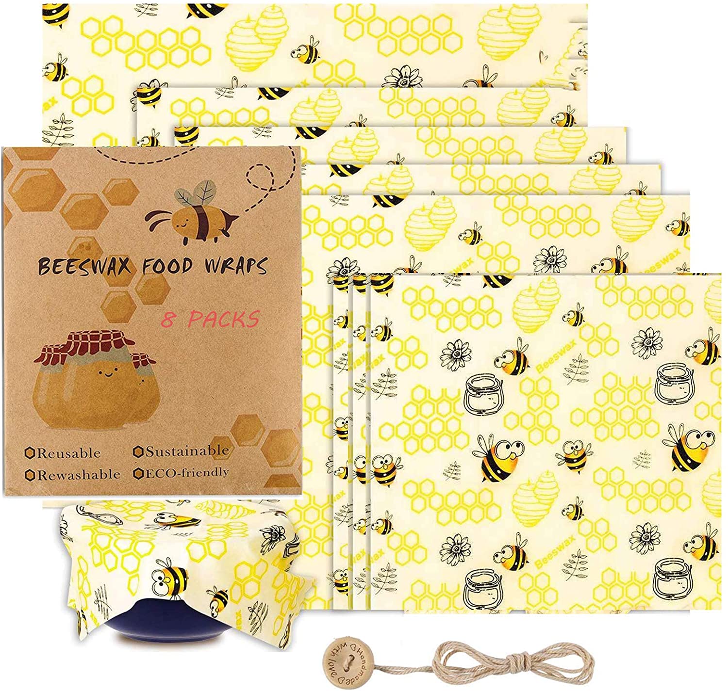 Anjielosmart Reusable Food Wraps Roll custom food wrapping Wrap Eco Friendly Sustainable beeswax wrap for Food Storage: 8pcs Bees