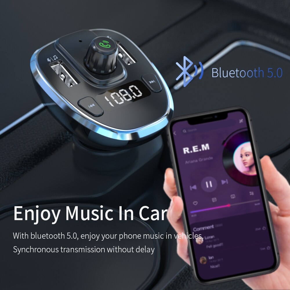 Essager-cargador USB para coche, para teléfono móvil, Bluetooth, transmisor FM manos libres, reproductor MP3, Kit de coche, Cargador rápido para iPhone