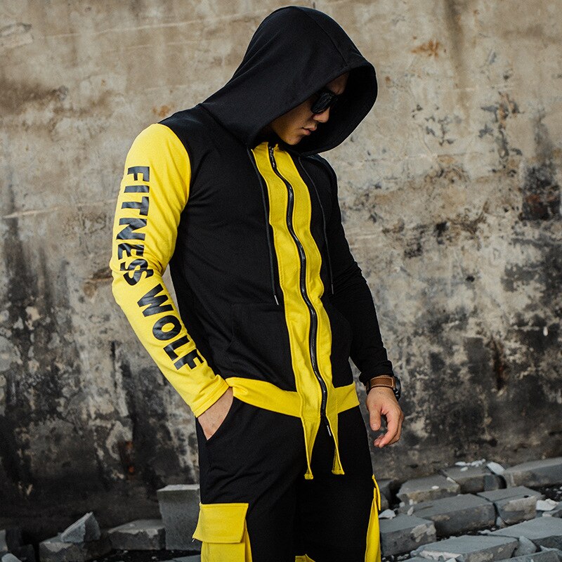 Trajes deportivos para hombre, Fitness, chaqueta de aspecto delgado, pantalones de , estilo callejero, entrenamiento de ocio, estampado, abrigo Casual, entrenamiento de gimnasio: XL / yellow black jacket