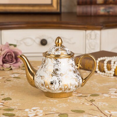 European Style Vintage Gold 1380mL Ceramic Coffee Pot Set Large Capacity Teapot Luxury Milk Pot English Flower Tea Set: A