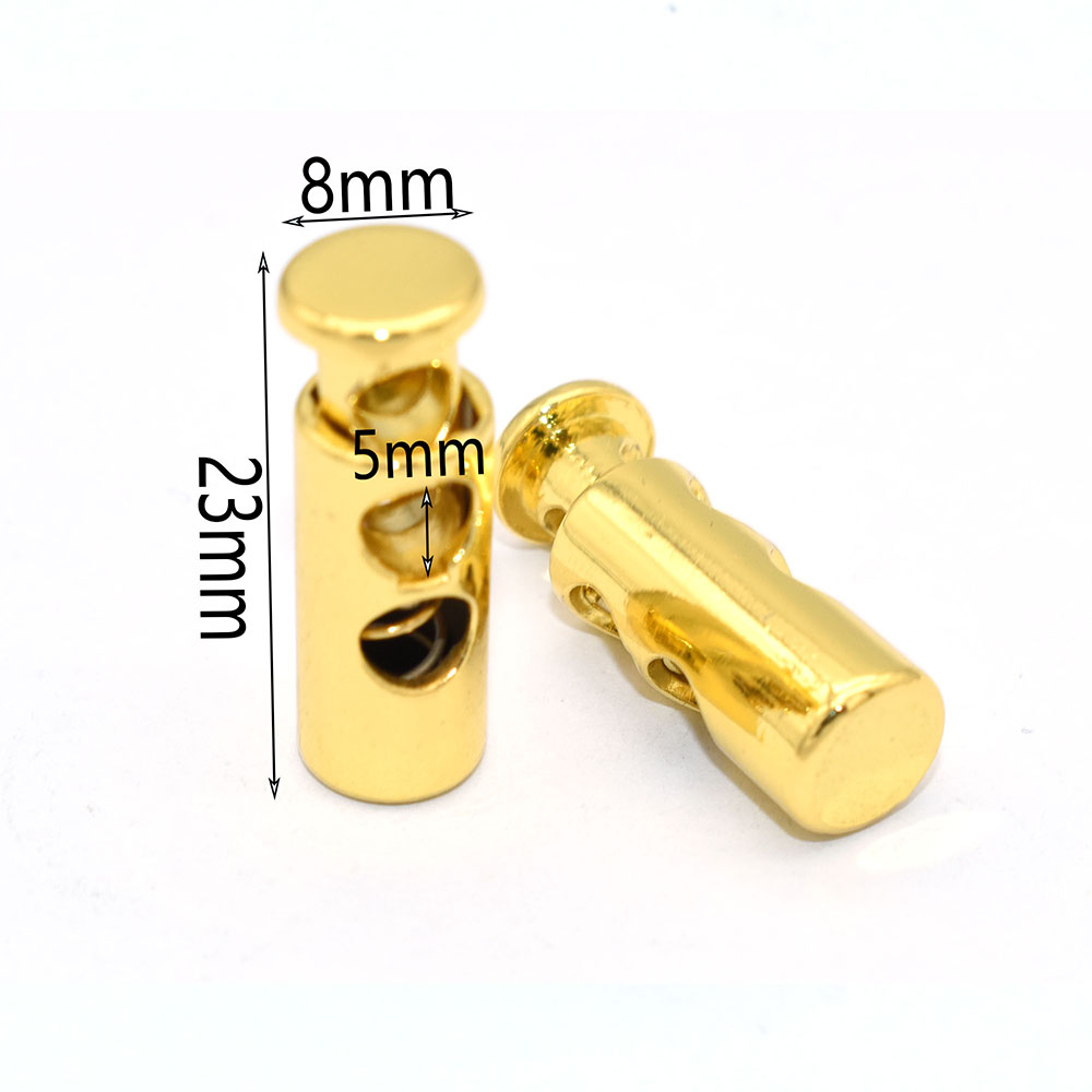 Ajustador de bloqueo de cordón dorado de 23mm, ajustador elástico, tope de bloqueo de cordón, doble orificio, toggles redondos de extremo de palanca para cerradura de cuerda, hebilla de monedero