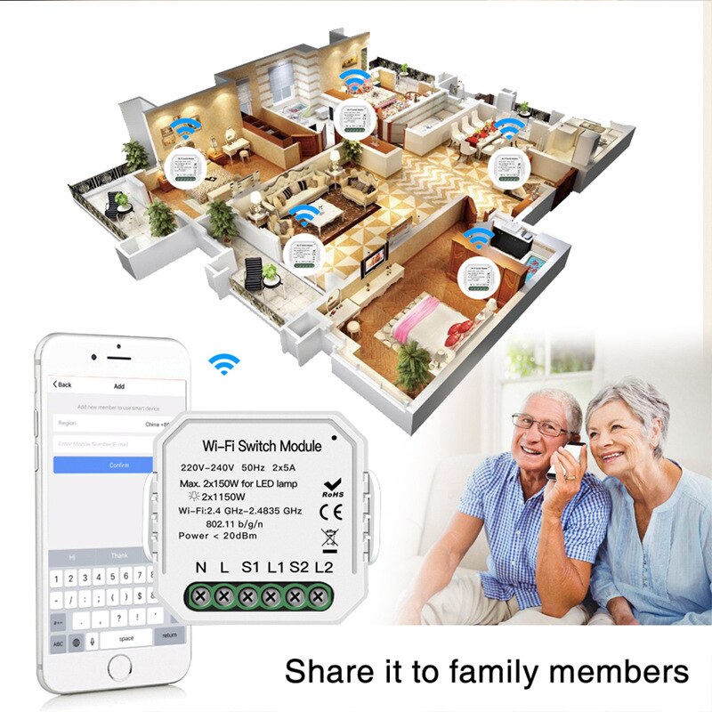 Mini Circuit Breakers 220-240V WIFI Intelligent Light Switch DIY Breaker Module APP Remote Control 2 Gang 2 Way Moulded Case