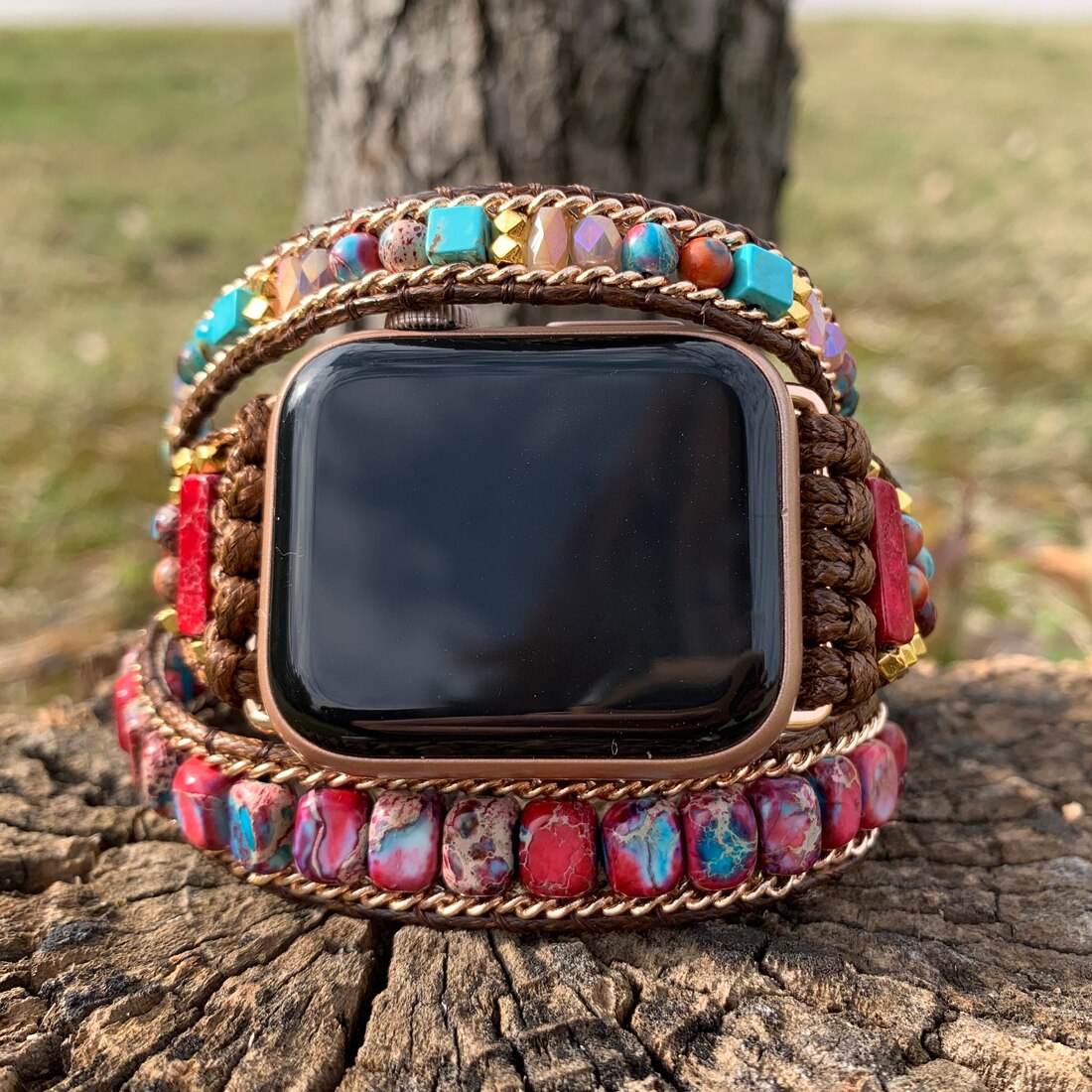 Bracelet en pierre de jaspe impérial, pour Apple Watch, Boho, perles, 3 enveloppes de cire, Bracelet Vegan, de noël