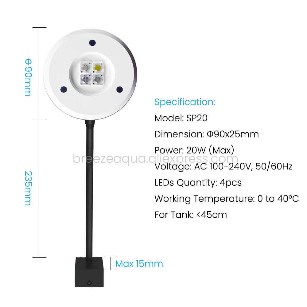 Spectra SP20 110-240V 20W Freshwater Refugium Saltwater Coral Reef Marine LED Aquarium Light for Nano Fish Tank