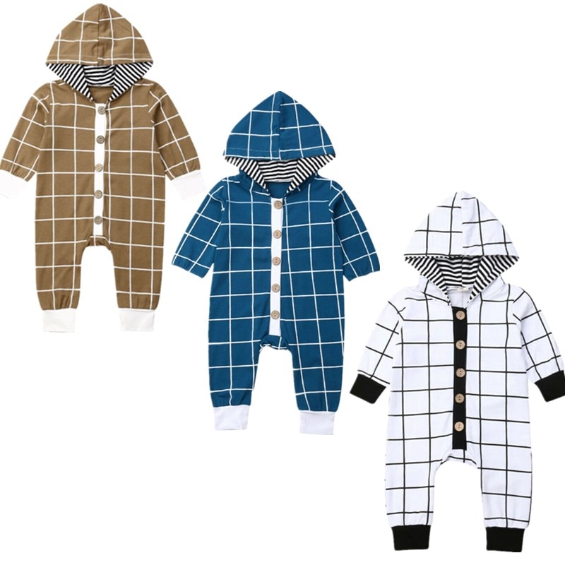 Baby Boy Plaid Clothes Long Sleeve Hooded Romper Jumpsuit Outfits