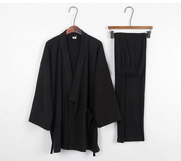 Japonés estilo Retro de algodón de los hombres pantalones de pijama conjunto antiguo tradicional Albornoz de Kimono trajes Hanfu dormir y salón: Negro / L