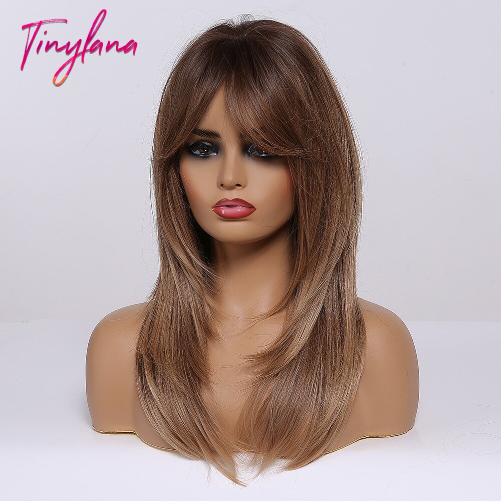 TINY LANA-Peluca de cabello sintético para mujer, cabellera artificial liso de longitud media, color negro y marrón, capas resistentes al calor con flequillo, Natural