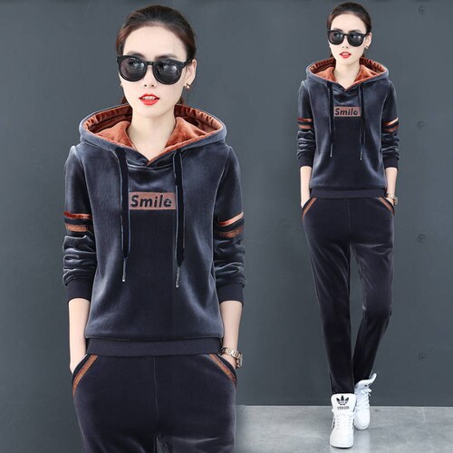 Winer dikke fluwelen dames trainingspak sportkleding warme hoodie sweatshirt + broek hardloopjoggingbroek fitness workout casual set sportpak: Grijs / 3xl