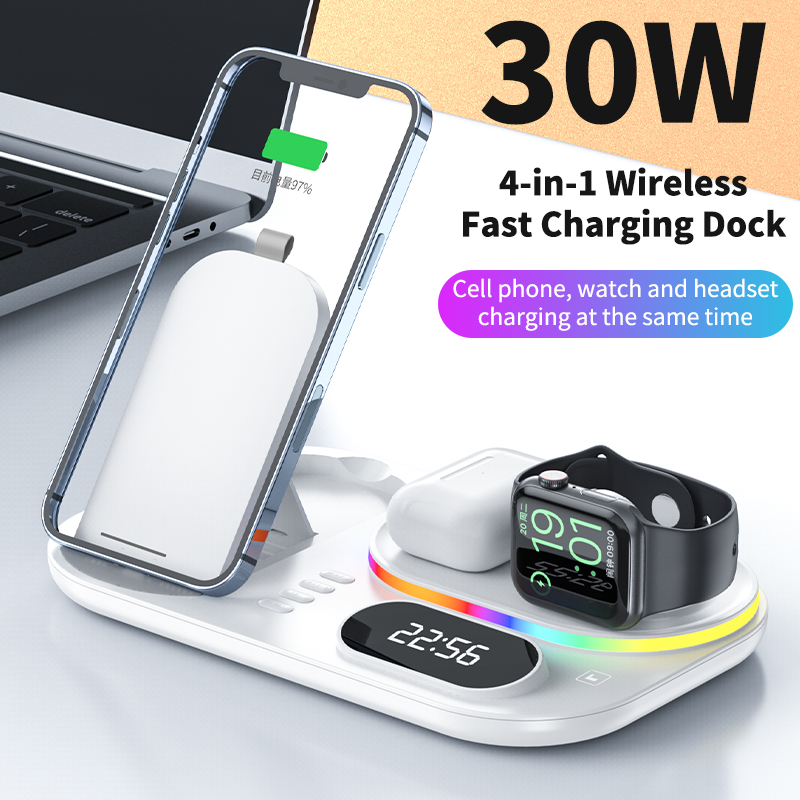 Cargador inalámbrico 4 en 1 de 30W para iPhone, estación de carga rápida para Apple Watch 7 6/Airpods Pro