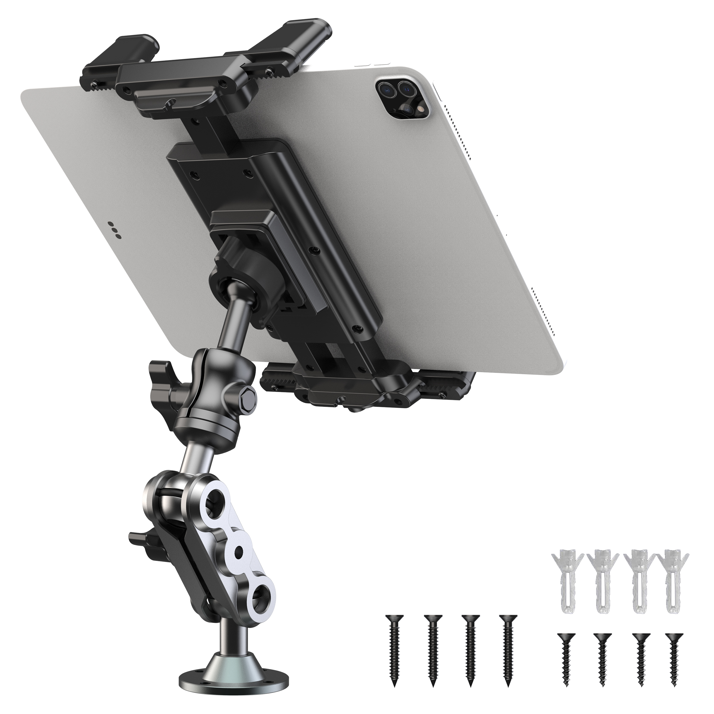 Hochleistungs-Bohrbasis aus Aluminium, Tablet-Halterung, Armaturenbrett für Autohalterung, 360° ° Verstellbarer 2-stufiger Ständer für 4,7–12,9 Zoll iPad