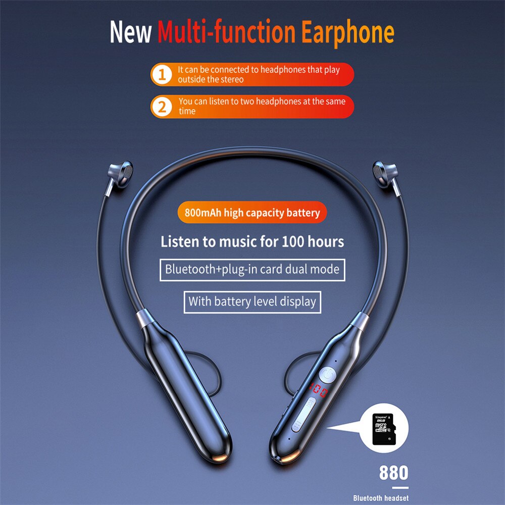 100 Uur Uithoudingsvermogen Bluetooth5.0 Draadloze Hoofdtelefoon Stereo Bass Hoofdtelefoon Nekband Power Led Display Headset Tf Card: 100 Hours S880
